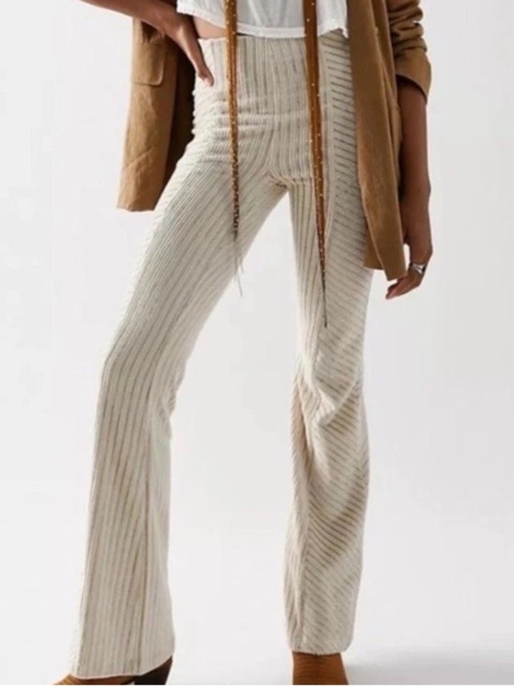 Free People Cream Ribbed Flare Knit Pants